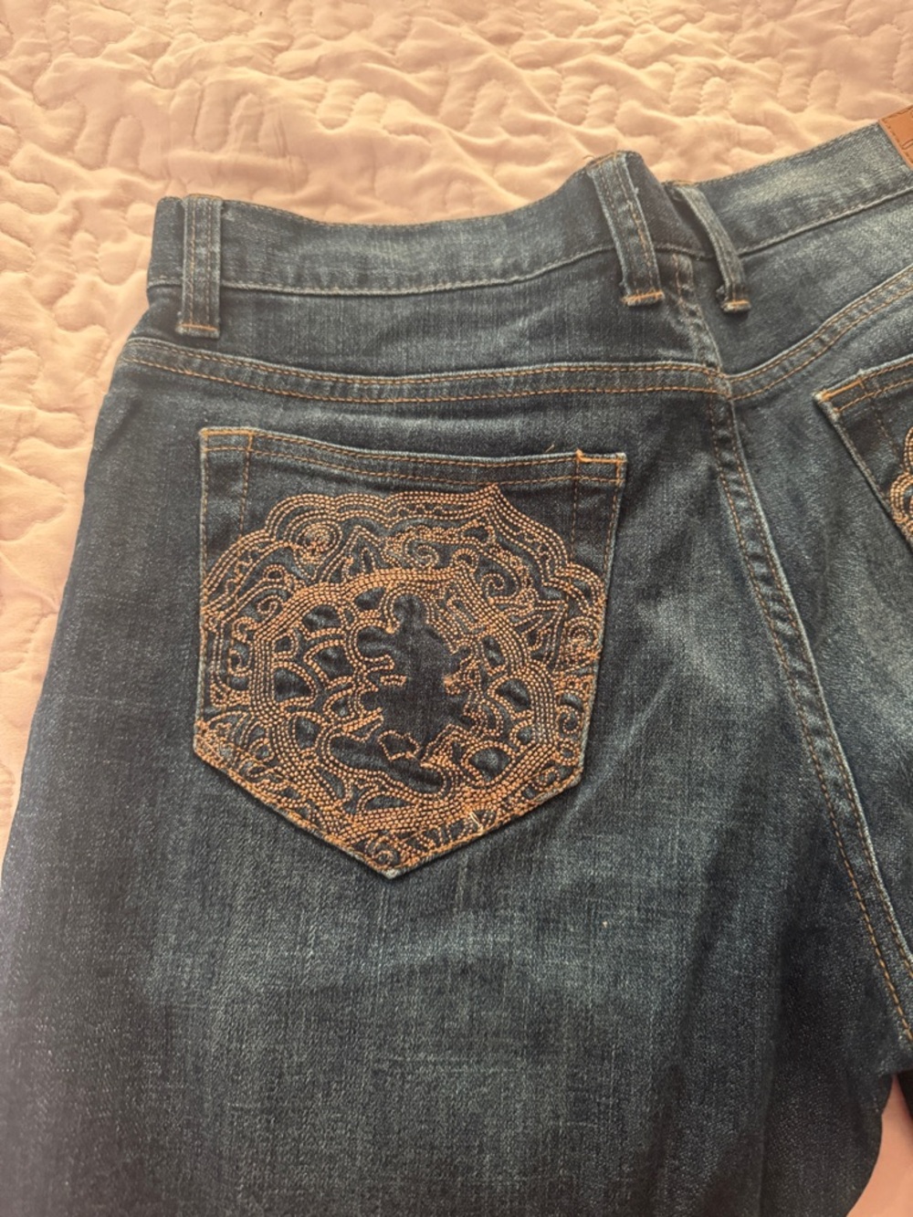 Disney Women’s Blue Boot-Cut Jeans with Tan Embroidered Pockets